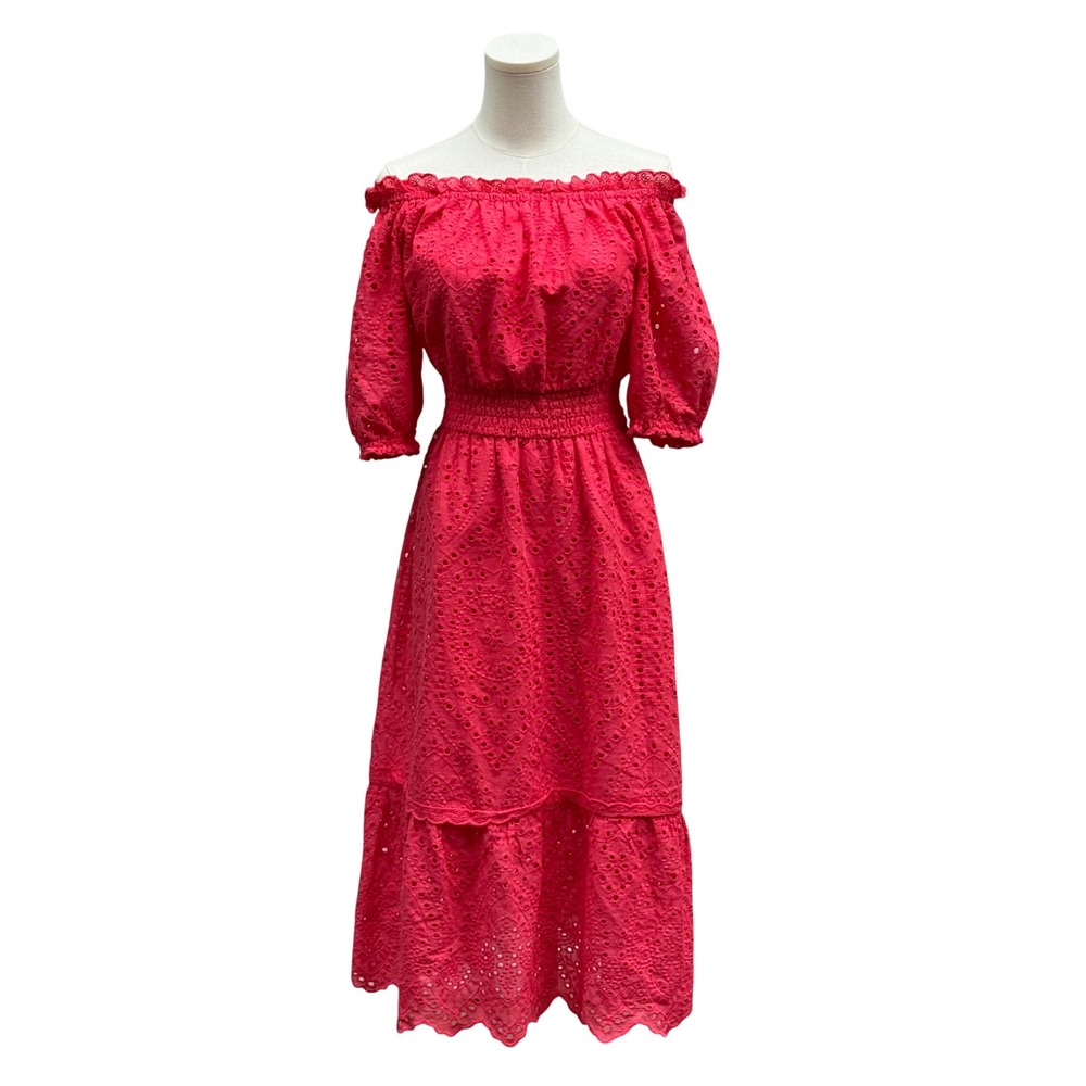 Betsey Johnson Eyelet Midi Dress Womens Medium Pink Good Off Shoulder Smocked